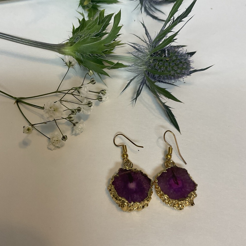Natural Milky Purple Solar‎ Quartz Satellite Gold Electroplated Earrings For Her